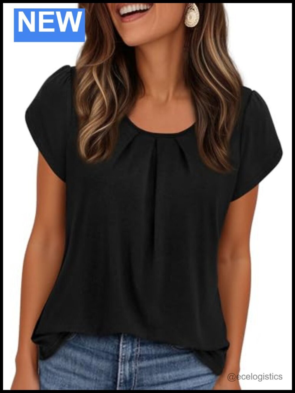 Womens Summer Short Sleeve Tops Crew Neck Pleated Front Basic T Shirts Soft